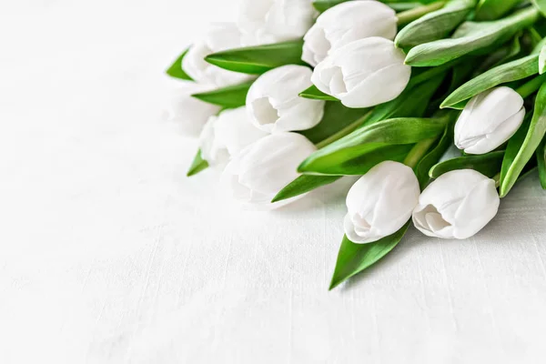 Buket Segar Tulip Putih Dengan Daun Hijau Lebat Permukaan Bertekstur — Stok Foto