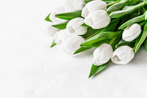 Świeży Bukiet Białych Tulipanów Bujnymi Zielonymi Liśćmi Białej Fakturowanej Powierzchni Obrazy Stockowe bez tantiem