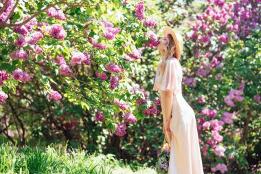 Yazlık Şapkalı Genç Kadın güneşli bir günde leylak çiçeklerinin kokusunun tadını çıkarıyor. Hasır şapkalı ve elbiseli bayan güneşli bir bahçede leylak çiçekleri kokluyor..