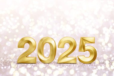 Tatil geçmişi. Mutlu yıllar 2025. 2025 yılının sayıları Bokeh şenlik ışıl ışıl arka planında altın mumlarla yapıldı. Yeni yılı kutluyoruz, yakın plan. Metin için boşluk