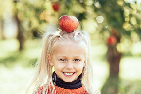 Child Picking Apples Farm Autumn Little Girl Playing Tree Orchard Stock Image