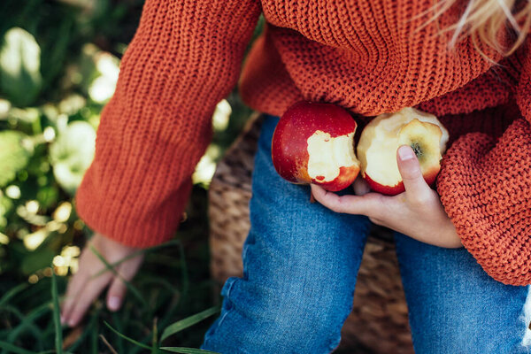 Child Picking Apples Farm Autumn Little Girl Playing Tree Orchard Stock Picture