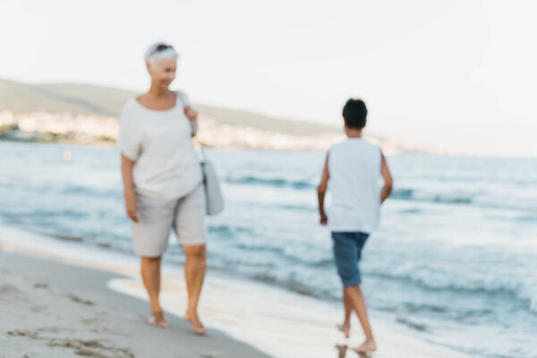 Summer Vacation Sea Boy Senior Woman Seaside Grandmother Grandchild Resting Stock Picture