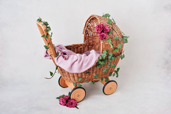 Newborn Digital Background Spring Flowers Basket Prop Newborn Boys Girls Stock Photo