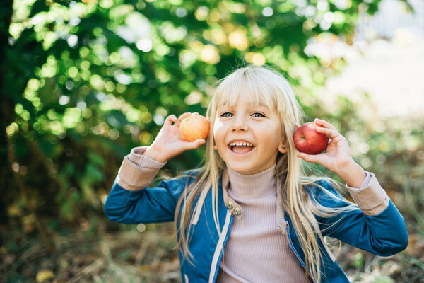 Portrait Girl Eating Red Organic Apple Outdoor Harvest Concept Child Royalty Free Stock Images