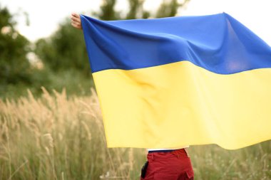 Ukrayna Bağımsızlık Bayrağı Günü. Anayasa günü. Ukraynalı çocuk. Üzerinde Ukrayna 'nın sarı ve mavi bayrağı olan tişörtlü. Ukrayna 'nın bayrak sembolleri. Kiev, Kiev günü