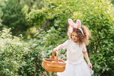 Paskalya yumurtası avı. Bahçede yumurta toplamak için koşan tavşan kulaklı bir kız çocuğu. Paskalya geleneği. Sepeti renkli yumurtalarla dolu bir bebek. Arka plan