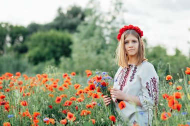 Ukrayna Anayasa Günü. 24 Ağustos. Vatansever bayram. Açık hava portresi. Geleneksel nakış işindeki kız tarlada haşhaş topluyor. Çiçekli Gelincikler bellek simgesi.