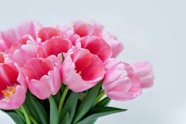 Anneler günü, sevgililer günü, doğum günü kutlaması konsepti. Tebrik kartı. Güzel pembe ince laleler buketi. Metin için boşluk kopyala, üst görünüm. Bahar arka planı. 8 Mart, Uluslararası Kadınlar Günü