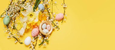 Çiçek aranjmanıyla bahar tatili kartı konsepti. Paskalya yumurtaları, bahar çiçekleri ve sarı arka planda dekoratif yuva. Parlak festival tasarımlı tebrik kartı kavramı.