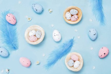 Paskalya yumurtaları, dekoratif yuvaları, ve mavi arka planda mavi tüyler, bayramlık bahar tasarımlı tebrik kartı konsepti