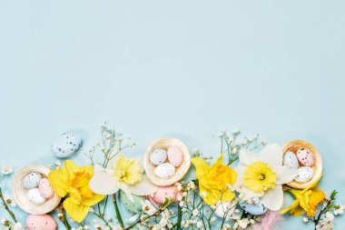 Paskalya yumurtaları, dekoratif yuvaları, ve mavi arka planda mavi tüyler, bayramlık bahar tasarımlı tebrik kartı konsepti