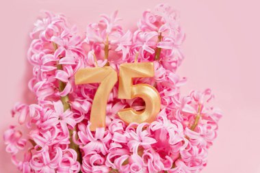 75 numara, Pembe Çiçekler 'in arka planında 75 numaralı doğum günü kutlaması mumu. 75 'inci yaş günü. Doğum günü, yıldönümü, önemli tarih, tatil kilometre taşı konsepti