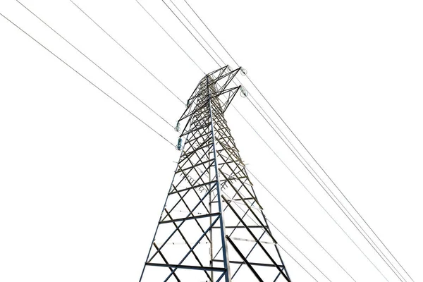 Fotografia Uma Torre Alta Tensão Linha Alimentação Com Cabos Elétricos — Fotografia de Stock