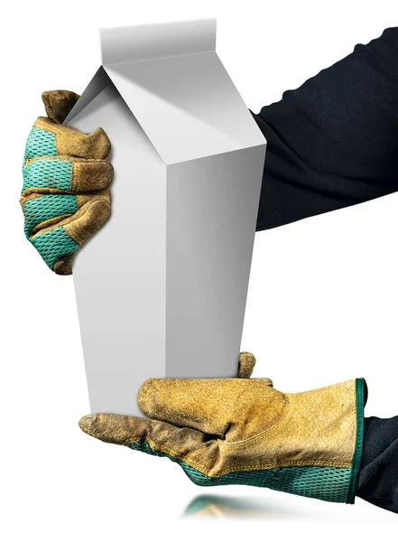 带防护工作手套的体力劳动者手持白色包装 空的牛奶或果汁盒模板 在白色背景上与反光隔离 摄影和3D插图 — 图库照片