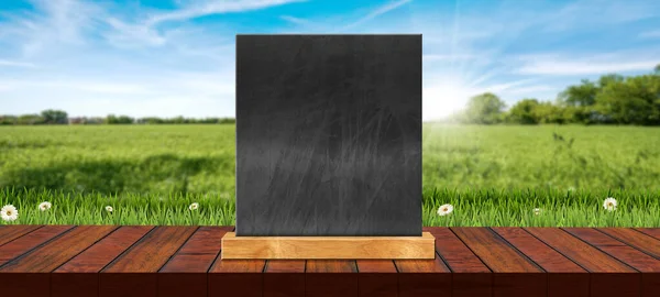 Close Empty Wooden Table Top Products Display Empty Blackboard Blurred — Stock Photo, Image