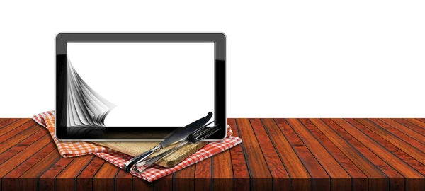 Üres Digitális Tabletta Számítógép Fehér Képernyővel Receptek Vagy Étel Menü — Stock Fotó