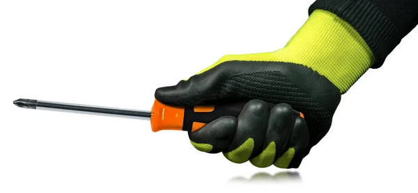 Handarbeider Met Zwart Groen Beschermende Werkhandschoenen Met Een Phillips Kopschroevendraaier — Stockfoto