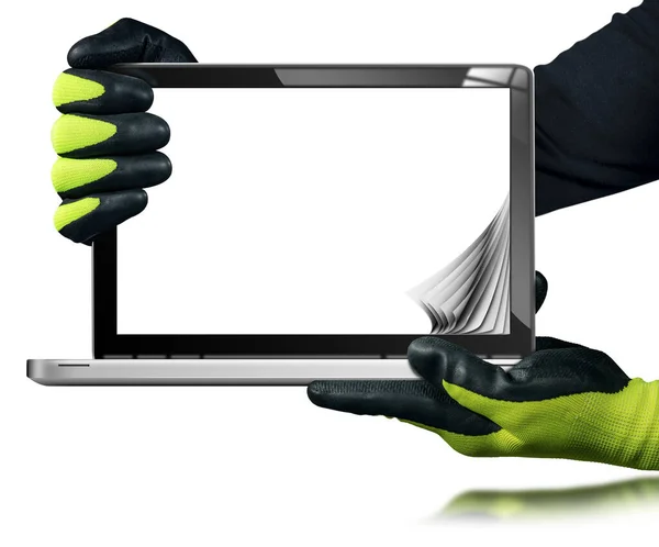 Kézi Munkás Védőkesztyű Mutatja Modern Laptop Számítógép Üres Képernyő Göndör — Stock Fotó