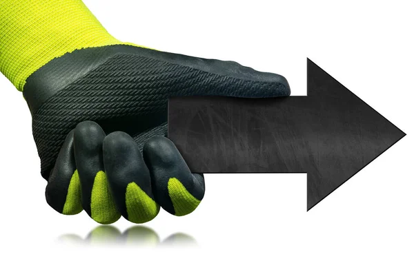 Handarbeider Met Beschermende Werkhandschoenen Met Een Leeg Zwart Richtingbord Met — Stockfoto