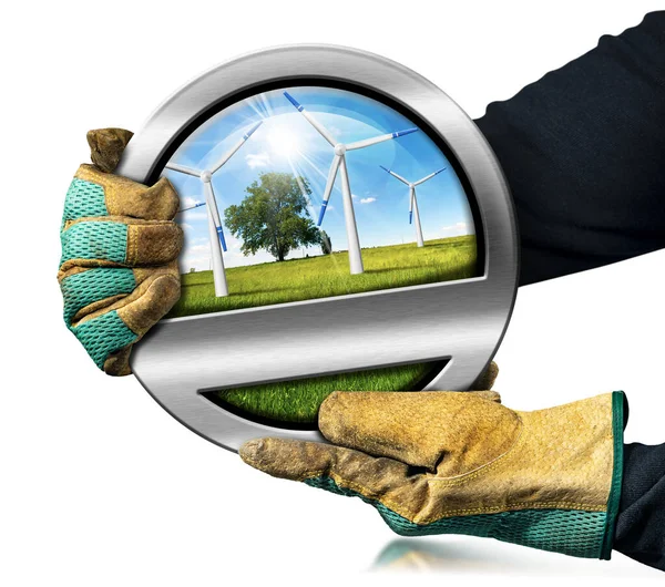 带防护工作手套的体力劳动者手持圆形金属符号和一组风力涡轮机 在白色背景下与复制空间隔离 可再生能源概念 — 图库照片