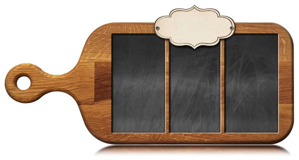 Altes Holzschneidebrett Mit Einer Leeren Kreidetafel Inneren Und Einem Etikett — Stockfoto