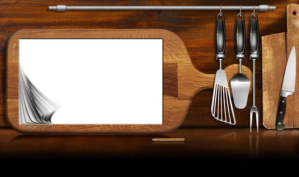 用厨房用具在厨房柜台上用空卷曲页的旧切纸板 食谱或食品和饮料菜单模板 — 图库照片