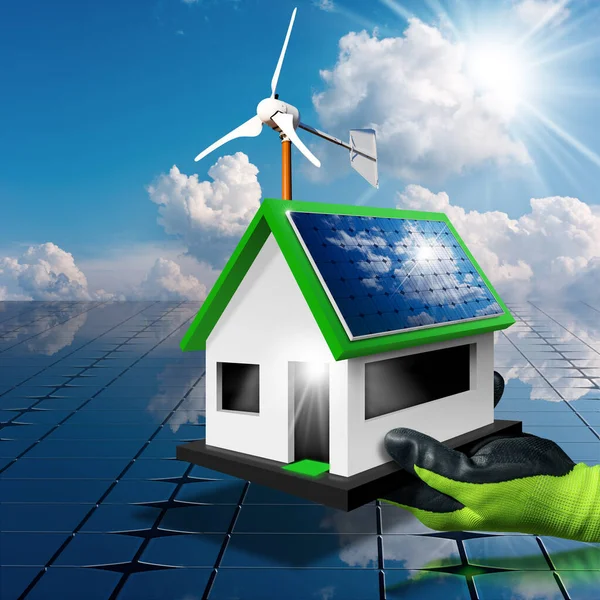 保護作業手袋を手に 屋根の上に太陽電池パネルと小さな風力タービンと小さなモデルハウスを保持します 再生可能エネルギーの概念 雲と陽射しを背景に青い空 — ストック写真