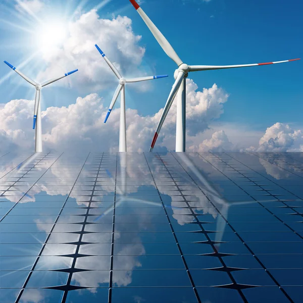 一组太阳能电池板和风力涡轮机在蓝天上与云彩和太阳光相映成趣 可再生能源概念 — 图库照片