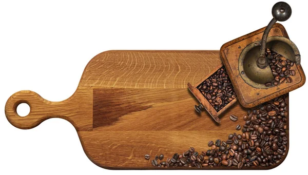 コーヒー豆をローストした古いヴィンテージの手動コーヒーグラインダーは 白い背景に隔離されたコピースペースを持つ木製のまな板上にあります トップ表示 — ストック写真