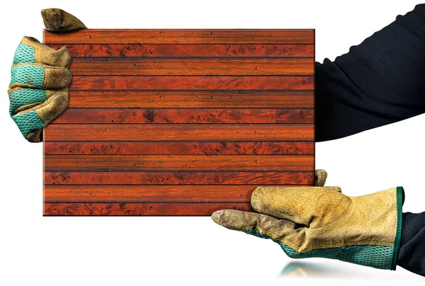 Carpenter Protective Work Gloves Holding Brown Striped Wooden Plank Isolated — Stock Photo, Image