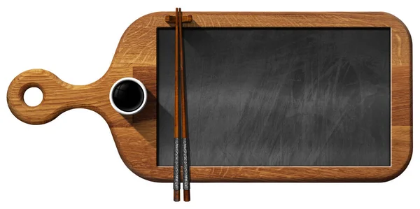 寿司メニューの背景 中には空白の黒板があり 木の箸が2つ 醤油のボウルがあります 白地に隔離された — ストック写真