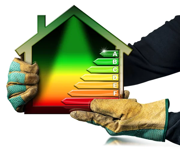 Energieeffizienz Haus Handarbeiter Mit Schutzhandschuhen Halten Ein Kleines Musterhaus Mit — Stockfoto