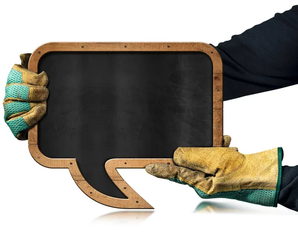 Manual Worker Protective Work Gloves Holding Blank Chalkboard Shape Speech — Stock Photo, Image