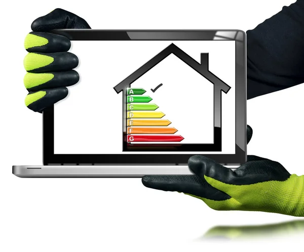 Energie Efficiëntieclassificatie Huis Handarbeider Met Beschermende Werkhandschoenen Met Een Moderne — Stockfoto