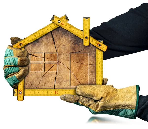 Carpenter Protective Work Gloves Holding Wooden Yellow Folding Ruler Shape — Stock Photo, Image