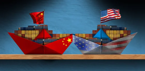 stock image China and United States Trade War Concept. Collision of two cargo container ships with the Chinese and United states of America flag. Two paper boats on a wooden shelf.