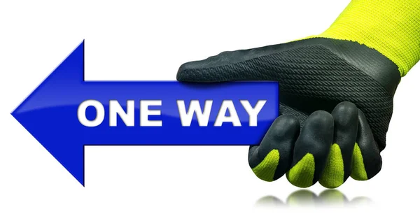 Hand Protective Work Glove Holding One Way Road Sign English — Stock Photo, Image