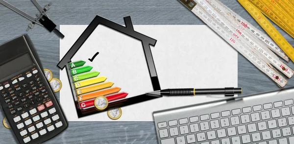 Husens Energieffektivitetsklass Liten Svart Modell Hus Skrivbord Med Energieffektivitet Graf — Stockfoto