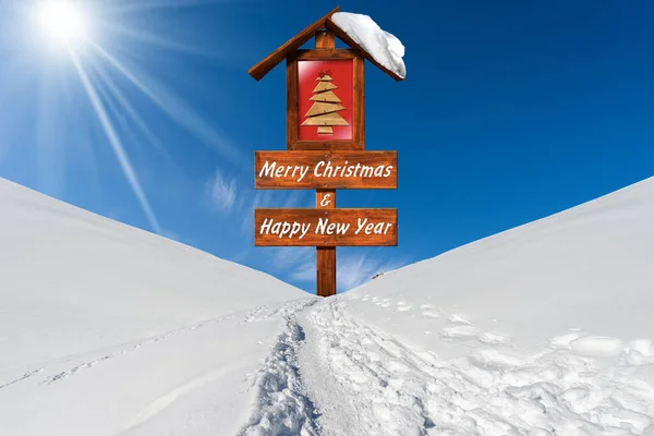 Merry Christmas Happy New Year Wooden Sign Small Christmas Tree — Stock Photo, Image