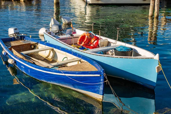 Closeup Two Small Wooden Fishing Boats Moored Small Port Malcesine — Stock Photo, Image