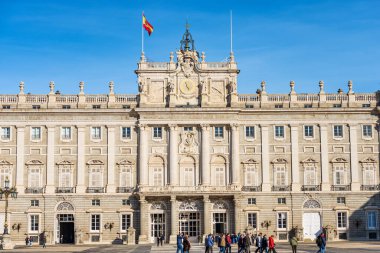 MADRID, SPAIN - DEC 10, 2022: The Madrid Royal Palace in Baroque style, in the past used as the residence of the King of Spain, Plaza de la Armeria, Community of Madrid, Spain, southern Europe.