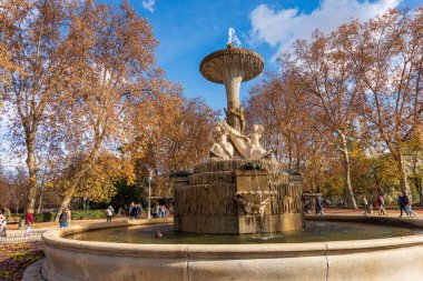 MADRID, SPAIN - DEC 10, 2022: Galapagos Fountain (Fuente de los Galapagos) or Isabella II fountain in Buen Retiro Park (Parque del Buen Retiro), public park, Community of Madrid, Spain, Europe.