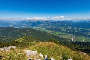 Aerial view of Austria from the Mountain Peak of the Osternig or Oisternig, Carnic Alps and Gailtal Alps, Feistritz an der Gail municipality, Austria, Carinthia, central Europe. Italy-Austria Border.