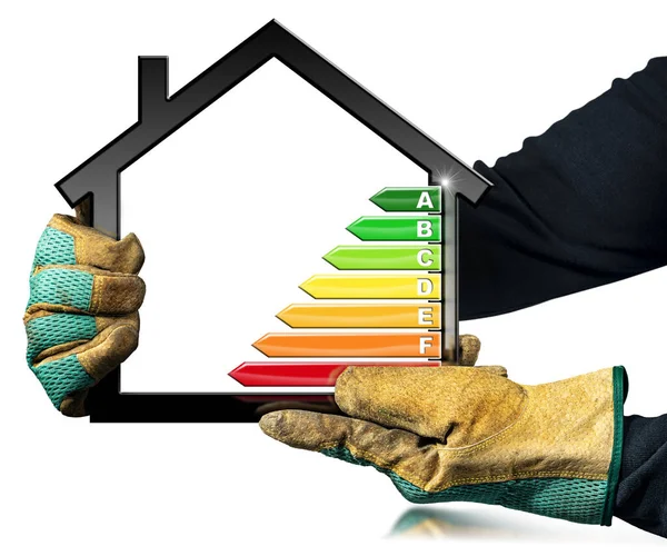 House energy efficiency rating. Manual worker wit protective work gloves holding a model house with the Energy Performance Chart. Isolated on white background. Photography and 3D illustration.