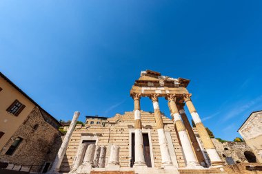 Old ruins of the Roman Temple in Brescia downtown, Capitolium (Tempio Capitolino), 73 AC, UNESCO world heritage site, Lombardy, Italy, Europe.
