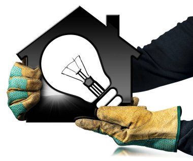 Manual worker with protective work gloves holding a black model house with a light bulb. Isolated on a white background. 3D illustration and photography.