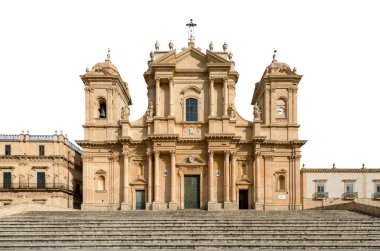 Noto Cathedral (Basilica and Cathedral of San Nicolo), isolated on white background. Sicilian and Baroque style. UNESCO world heritage site, Syracuse province (Siracusa), Sicily Island, Italy, Europe.