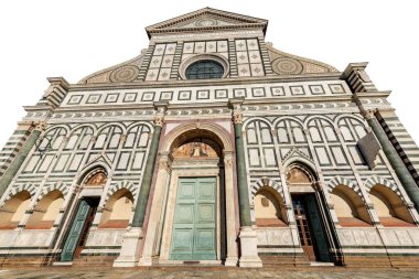 Florence (Firenze), the main facade of the famous Basilica of Santa Maria Novella, in Gothic-Renaissance style, isolated on white background. UNESCO world heritage site, Tuscany, Italy, Europe.