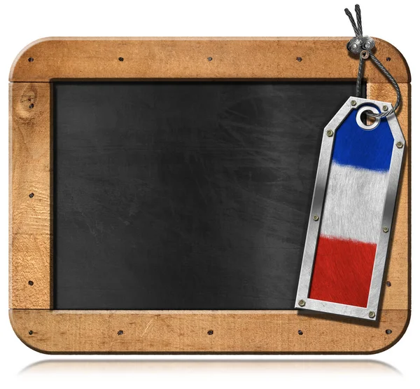 Empty Blackboard Wooden Frame Copy Space Metal Label French Flag — Stock Photo, Image